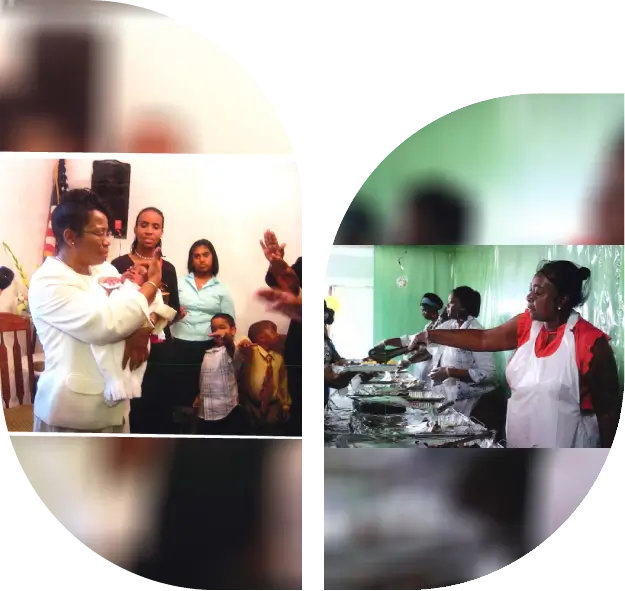 Two scenes showing children and adults engaged in joyful activities indoors.